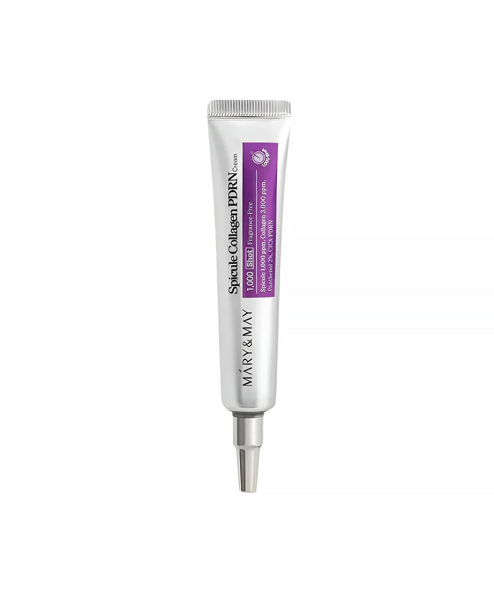 A clean product shot of the Mary & May Spicule Collagen PDRN Cream (1,000 Shot) in a sleek silver tube with a purple label, isolated on a white background