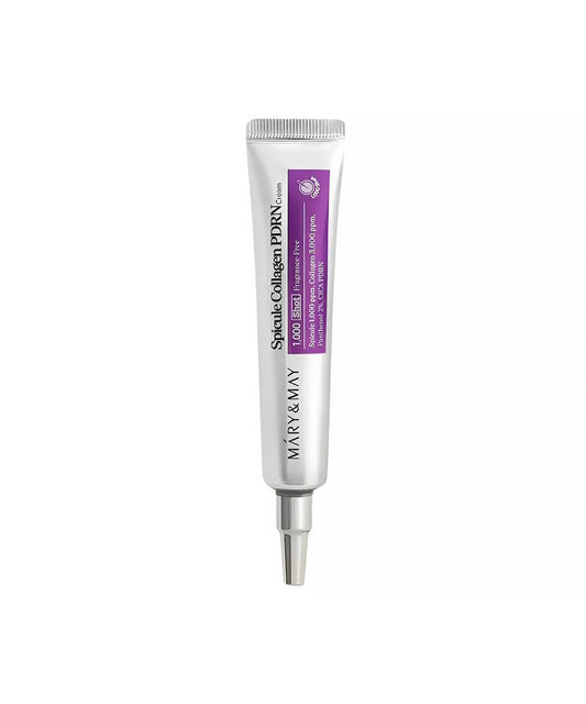 A clean product shot of the Mary & May Spicule Collagen PDRN Cream (1,000 Shot) in a sleek silver tube with a purple label, isolated on a white background