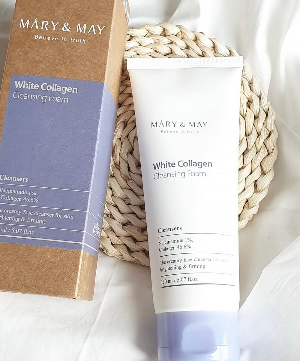 Tube of Mary & May White Collagen Cleansing Foam with packaging on a white background
