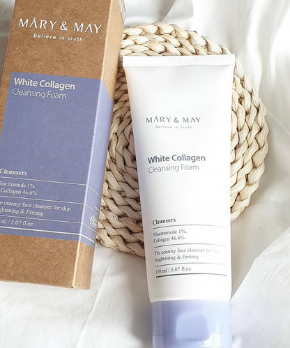 Tube of Mary & May White Collagen Cleansing Foam with packaging on a white background