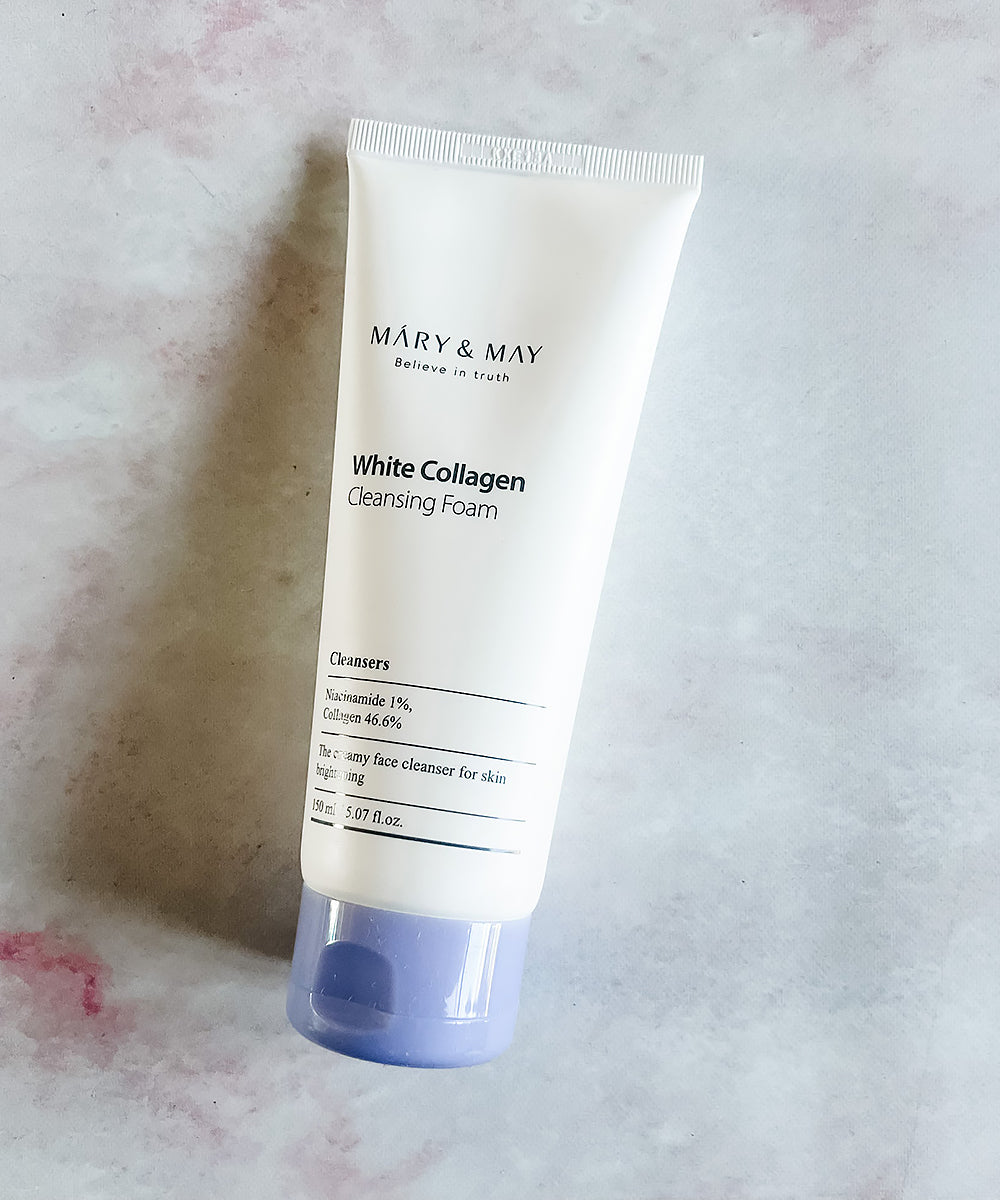 Tube of Mary & May White Collagen Cleansing Foam on a marble surface