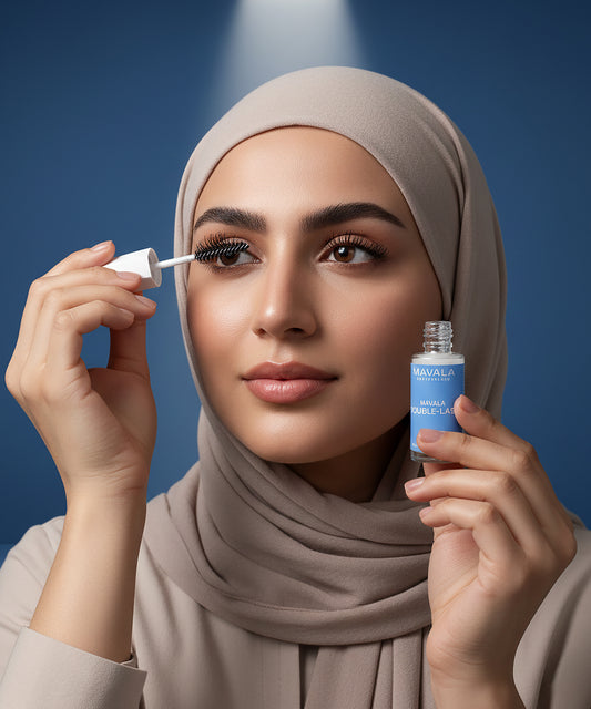 Woman applying eyelash serum with a blue background