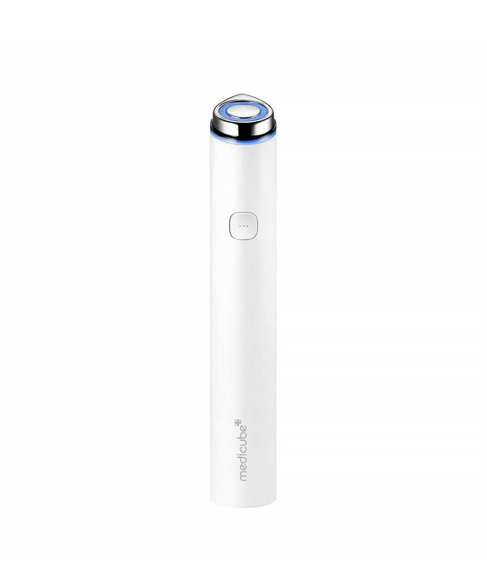 Front-facing studio shot of the Medicube Age-R Booster Pro Mini White Edition device standing next to its minimalist white retail packaging