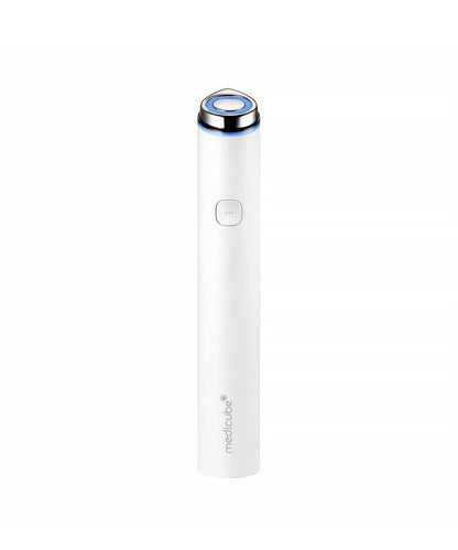 Front-facing studio shot of the Medicube Age-R Booster Pro Mini White Edition device standing next to its minimalist white retail packaging