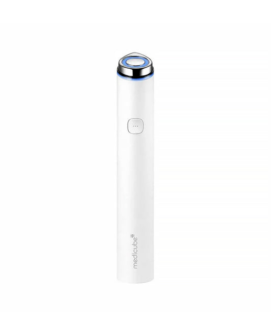 Front-facing studio shot of the Medicube Age-R Booster Pro Mini White Edition device standing next to its minimalist white retail packaging