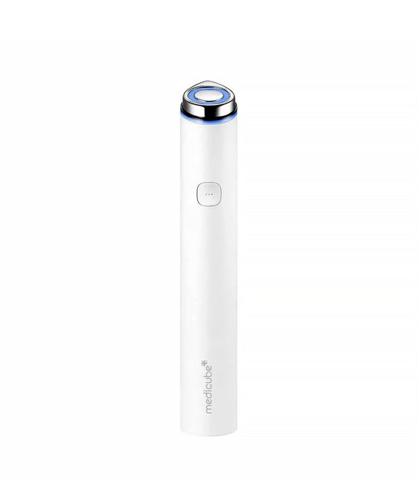 Front-facing studio shot of the Medicube Age-R Booster Pro Mini White Edition device standing next to its minimalist white retail packaging