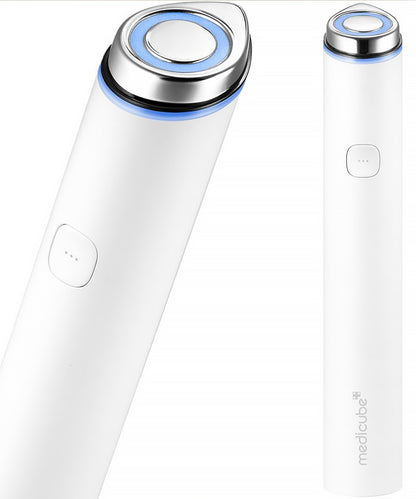 An angled profile shot of the Age-R Booster Pro Mini, emphasizing its compact, portable size and premium "White Edition" aesthetic for professional home skincare