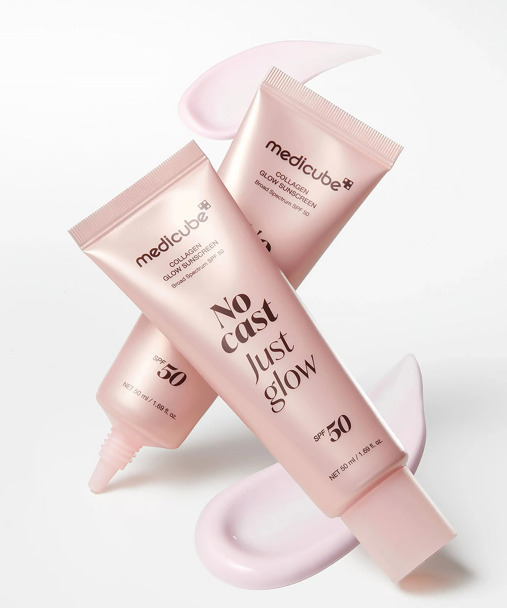 Medicube Collagen Glow Sunscreen SPF50+ swatch with no white cast, daily sun protection with skincare benefits