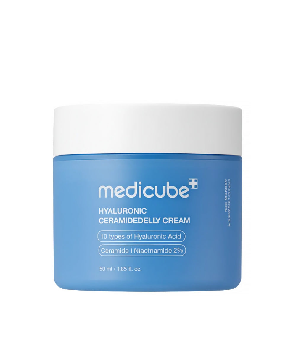 A sleek blue jar of Medicube Hyaluronic Ceramide Jelly Cream (50ml) standing next to its minimalist blue and white outer packaging box