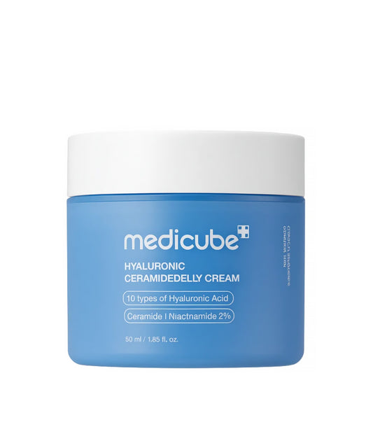 A sleek blue jar of Medicube Hyaluronic Ceramide Jelly Cream (50ml) standing next to its minimalist blue and white outer packaging box