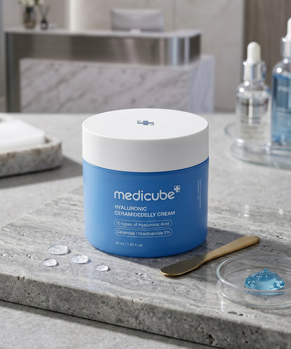 A professional texture shot showing a scoop of Medicube Hyaluronic Ceramide jar on a white surface, highlighting its lightweight and non-sticky consistency