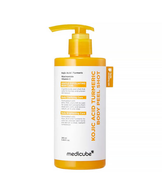 Front-view studio shot of the Medicube Kojic Acid Turmeric Body Peel Shot in a vibrant yellow bottle, highlighting its professional-grade body brightening and exfoliating formula