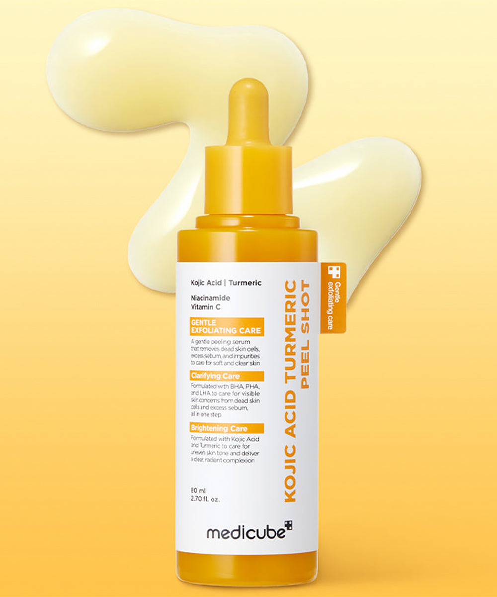 A detail shot of the Medicube Peel Shot bottle on a clean white surface, showcasing the clinical labeling and specialized blemish-care ingredients
