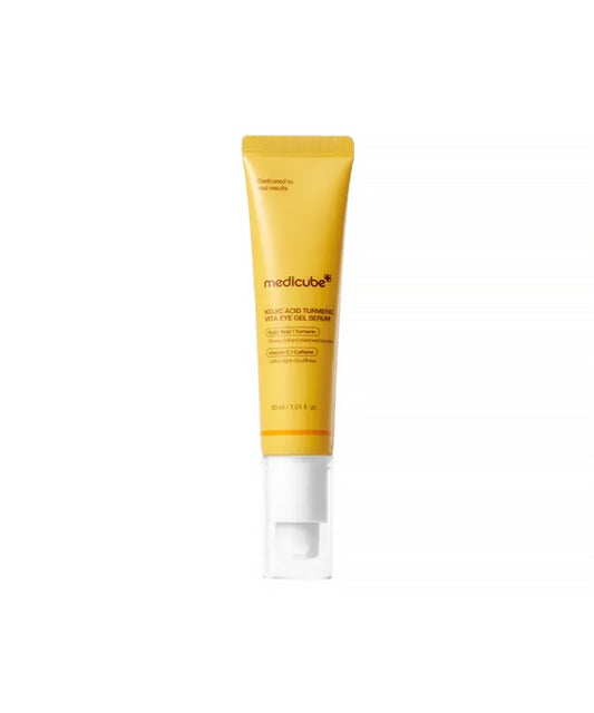Front-facing product shot of the Medicube Kojic Acid Turmeric Vita Eye Gel Serum (15ml) in a vibrant yellow bottle alongside its clean white and yellow retail box