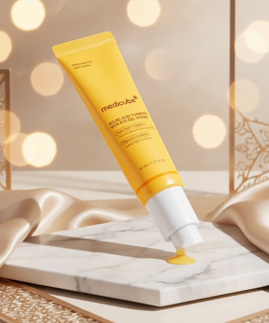 Close-up of the pump dispenser releasing a small amount of the yellow-tinted eye gel serum, highlighting its lightweight and soothing texture