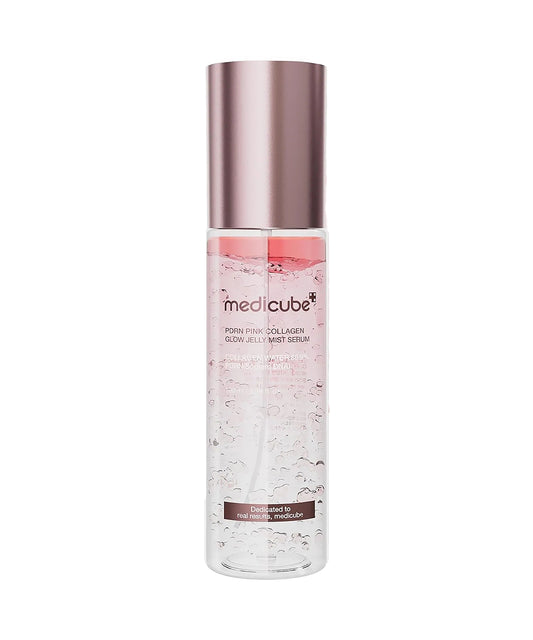 Front-facing studio shot of the Medicube PDRN Pink Collagen Glow Jelly Mist Serum in a sleek, frosted pink spray bottle alongside its matching metallic pink and white retail box