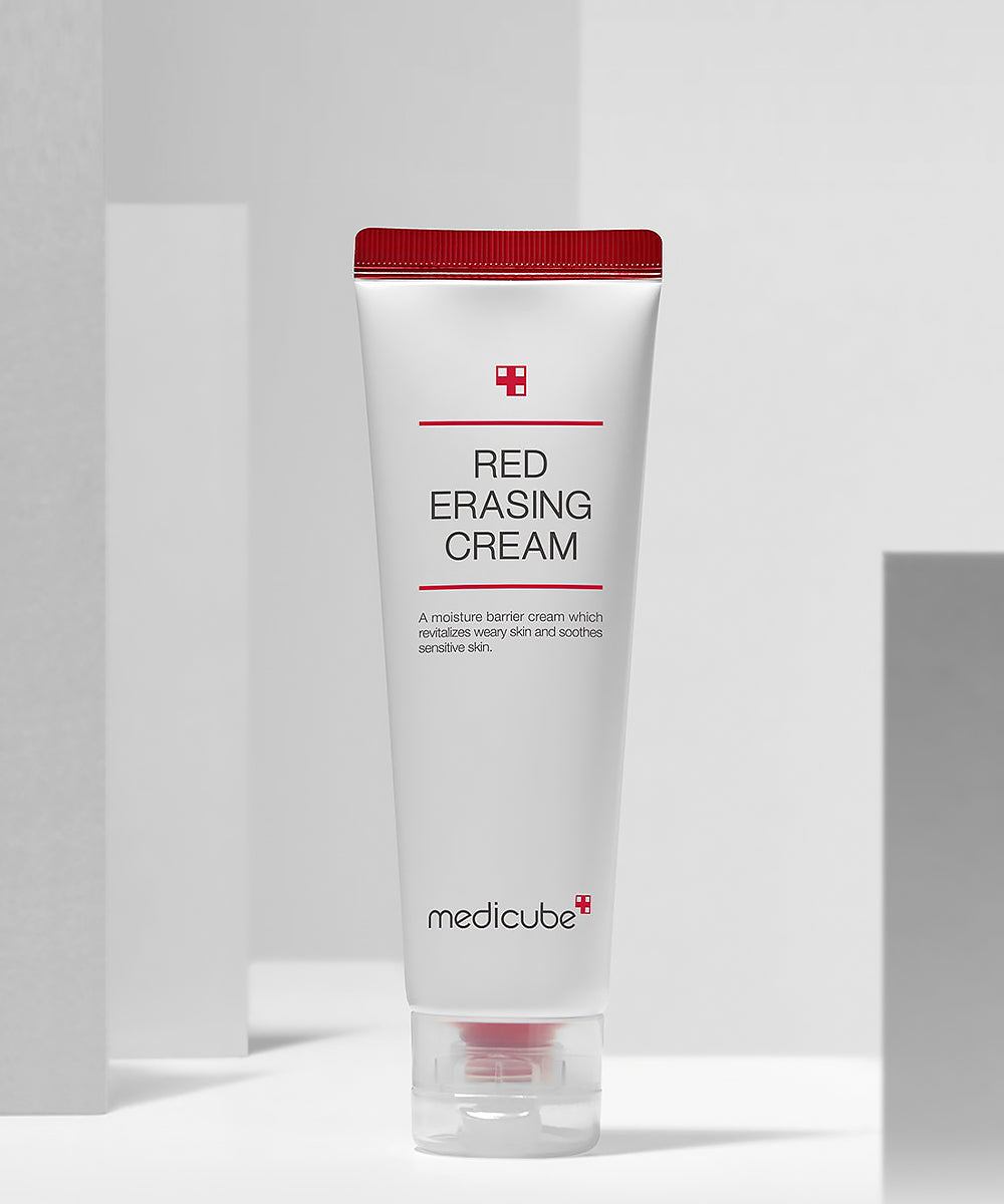 Medicube Red Erasing Cream ingredients and benefits — soothes irritation and evens blemish marks, fragrance-free