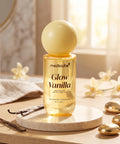 Medicube Vanilla Hair & Body Fragrance Mist 100ml on a stone pedestal, warm golden vanilla scent for hair and skin