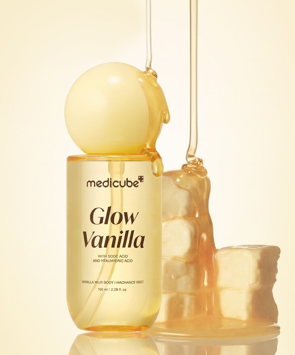 Medicube Vanilla Fragrance Mist 100ml with honey-like droplets and ice cubes, cozy long-lasting vanilla scent