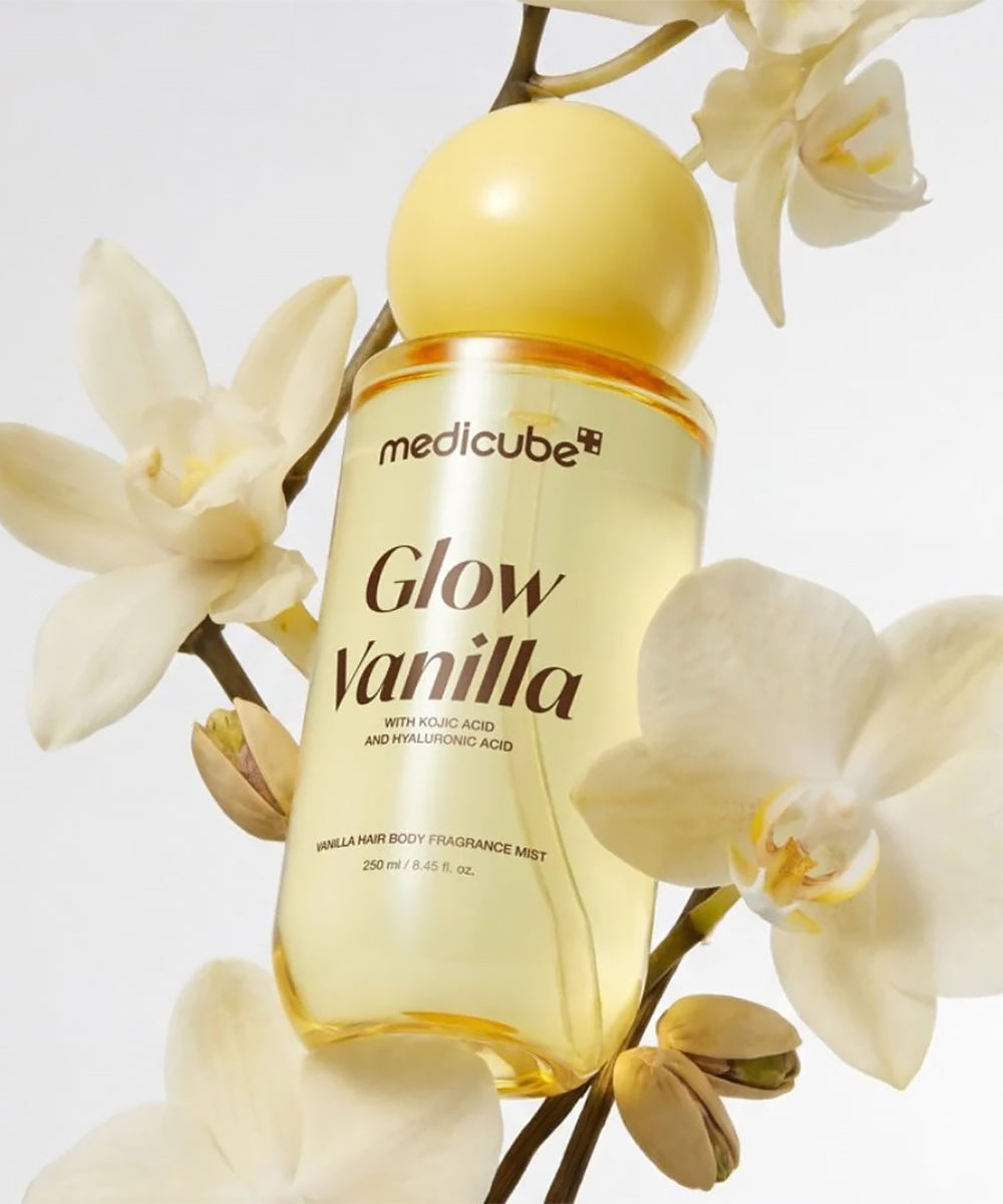 Medicube Vanilla Hair & Body Fragrance Mist 250ml with white orchid flowers, warm long-lasting vanilla scent