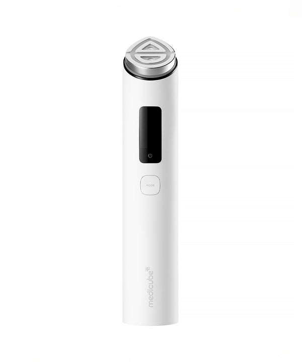A white handheld beauty device with a silver metallic head, a black rectangular display screen, and a single round button on the front, featuring the 'mediube' brand name printed near the bottom, set against a plain white background.