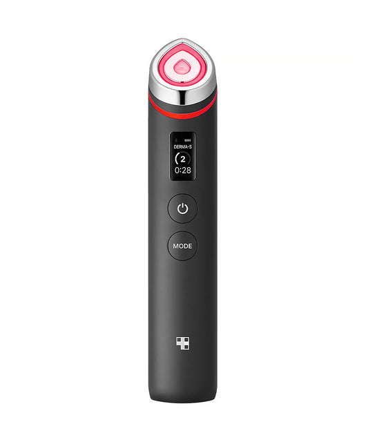 Black electronic device with a pink light on a white background