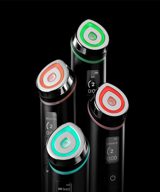 Four electronic devices with colored circular ends on a black background