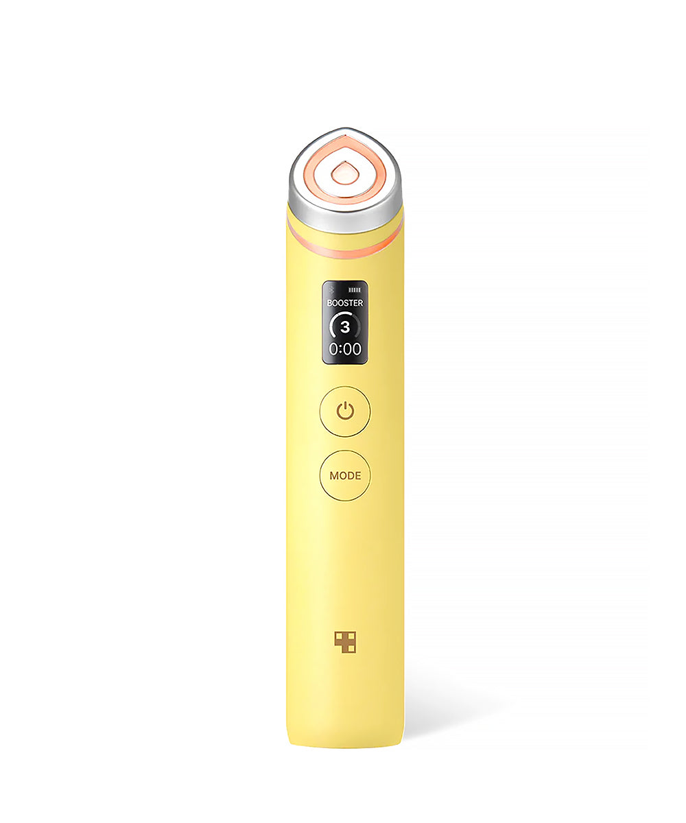 Professional studio shot of the Medicube Age-R Booster Pro handheld device, featuring a sleek ergonomic design, silver metallic finish, and a high-tech digital LED display screen
