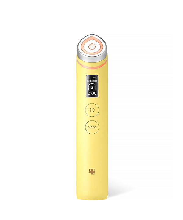 Professional studio shot of the Medicube Age-R Booster Pro handheld device, featuring a sleek ergonomic design, silver metallic finish, and a high-tech digital LED display screen