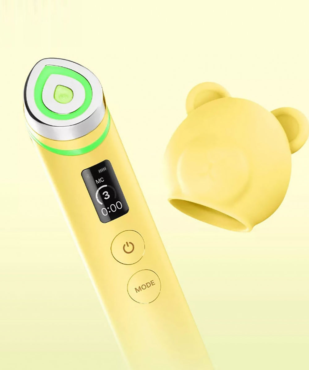 A detailed view of the Age-R Booster Pro’s integrated LED screen, showcasing the four treatment modes: Booster, MC (Microcurrent), EMS (Electric Muscle Stimulation), and ATS (Air Shot)