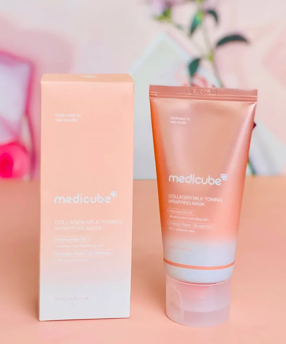 Medicube skincare product on a pink background