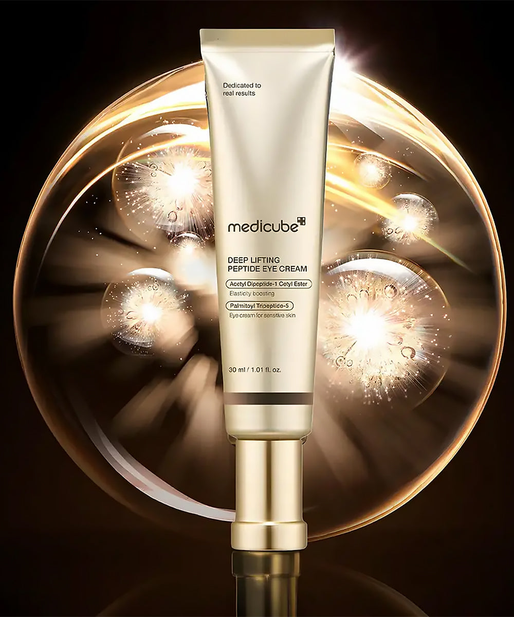 Medicube Deep Lifting Peptide Eye Cream tube with a decorative background