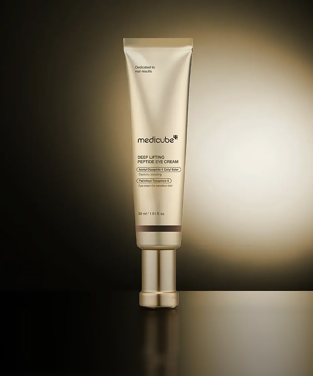 Tube of Medicube Deep Lifting Peptide Eye Cream on a gradient background