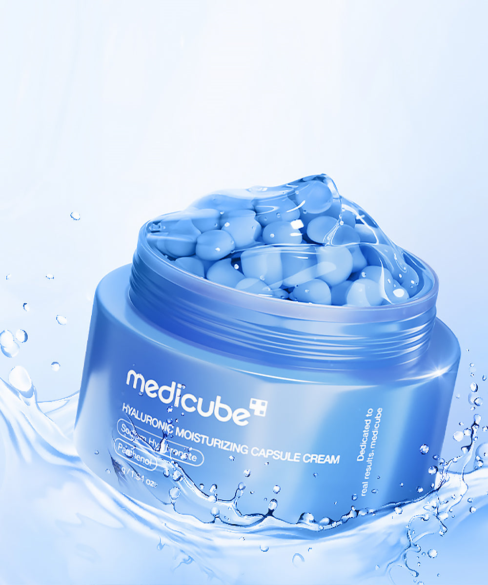 Blue jar of Medicube hydrating cream with capsules on a light blue background