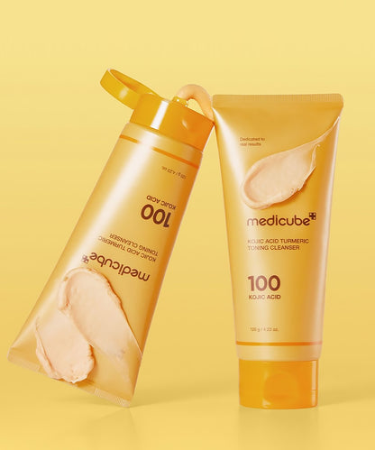 Two skincare products with 'medicube' branding on a yellow background
