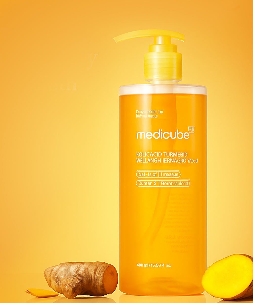 Medicube hair product bottle with turmeric root on a yellow background