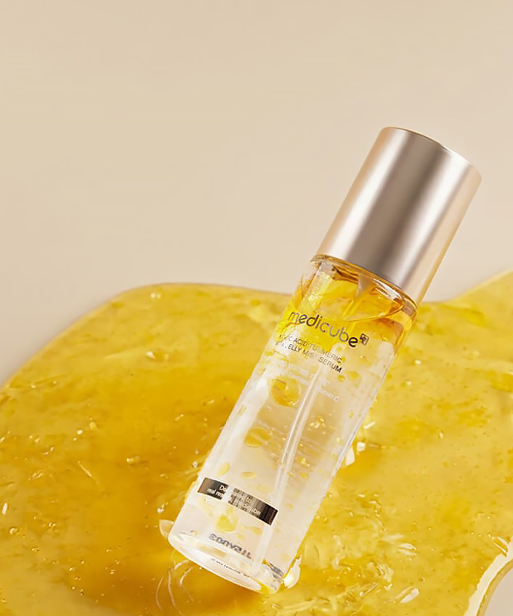 Skincare serum bottle with a yellow textured background