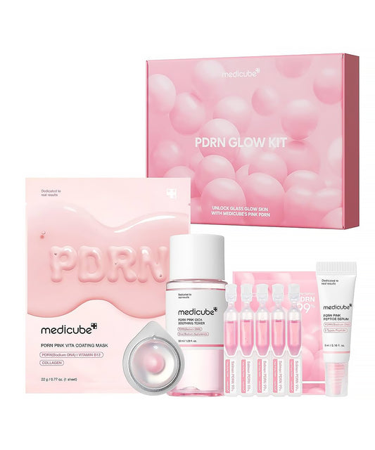Medicube PDRN Glow Kit with pink packaging and skincare products on a white background