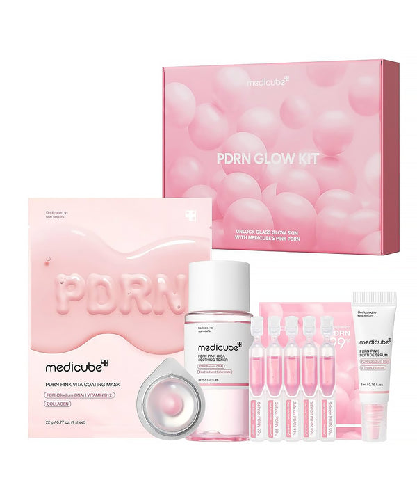 Medicube PDRN Glow Kit with pink packaging and skincare products on a white background