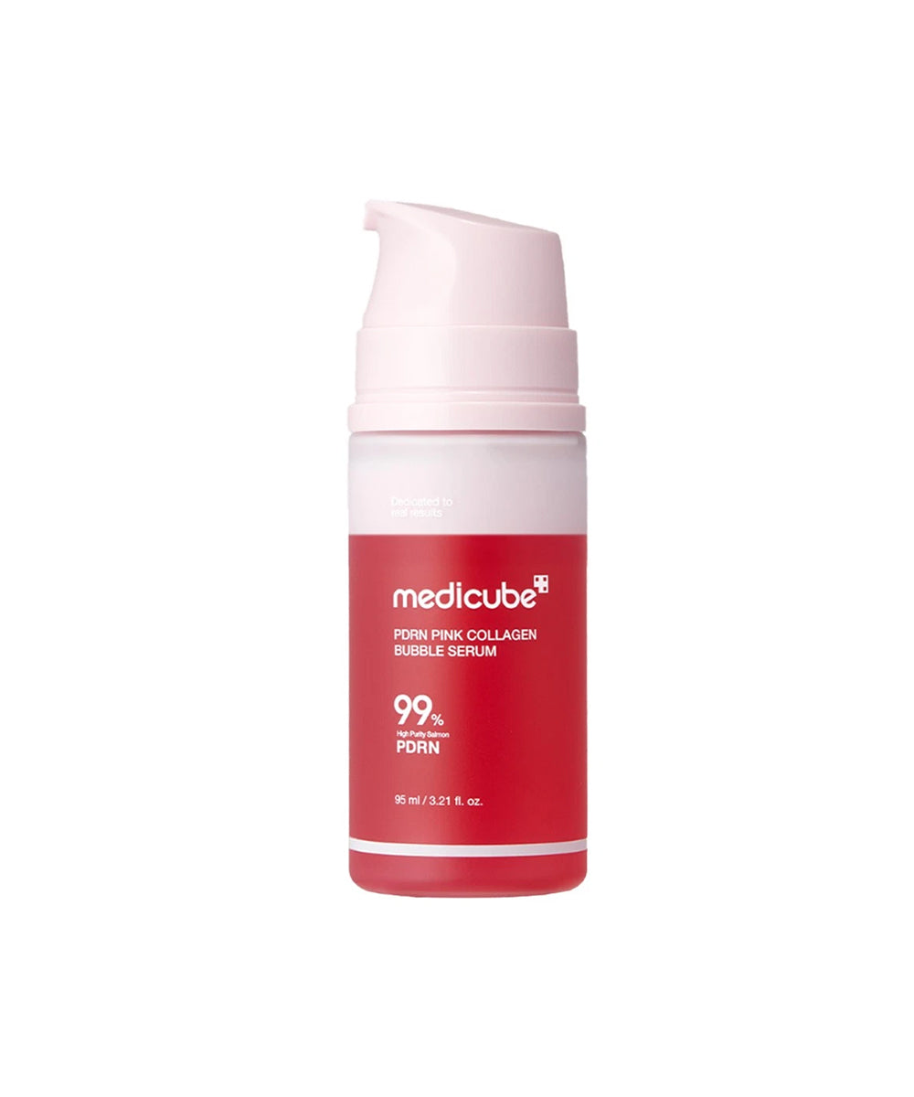 Red and pink skincare serum bottle with 'medicube' branding on a white background