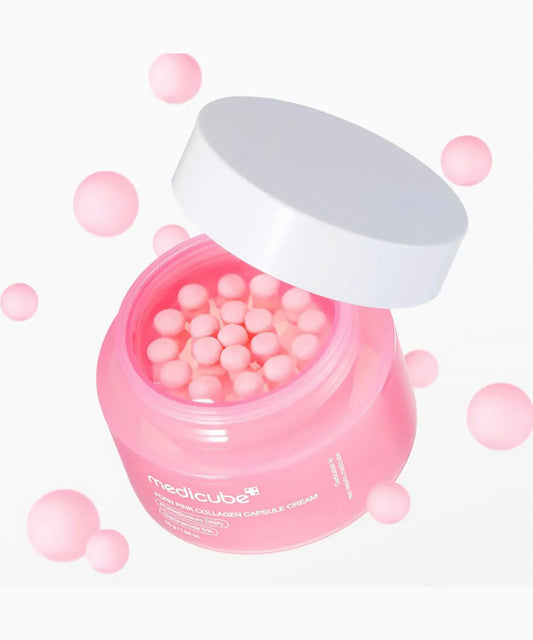 Pink jar of MediCube cream with pink bubbles on a white background