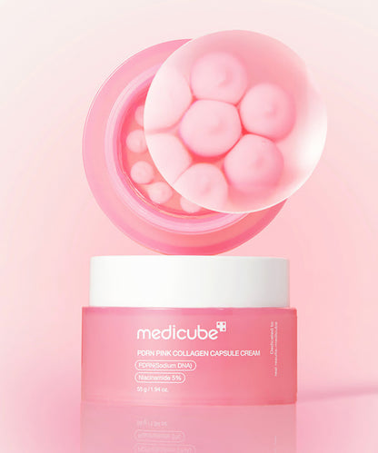 Pink collagen capsule cream with packaging on a pink background