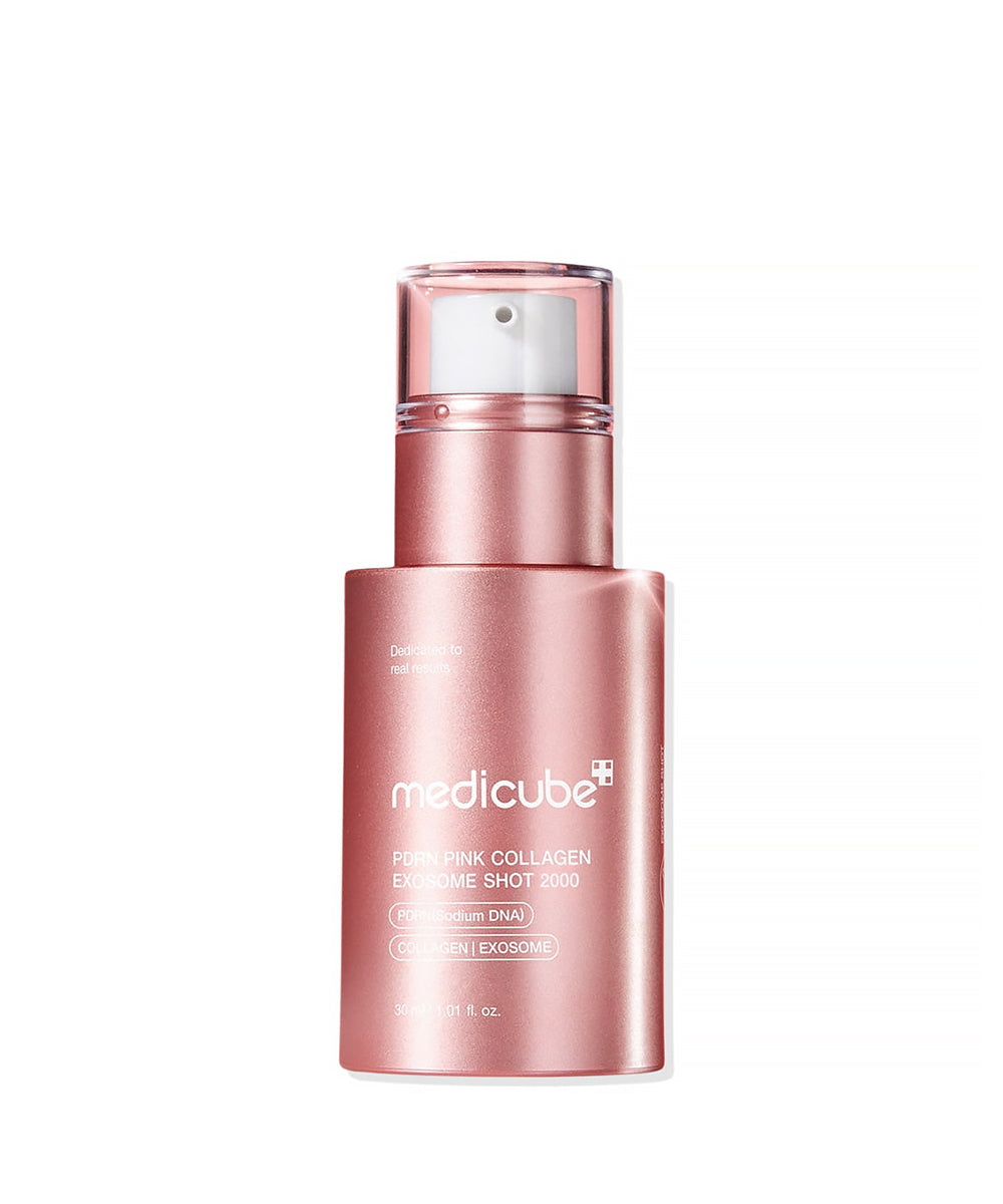 Front view of the Medicube PDRN Pink Collagen Exosome Shot 2000 in a sleek, metallic pink 30ml bottle with a white pump dispenser and clear cap