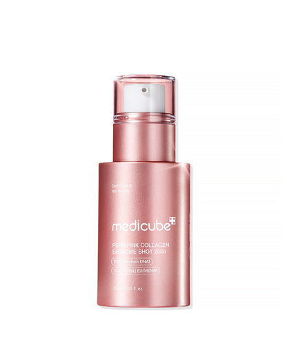 Front view of the Medicube PDRN Pink Collagen Exosome Shot 2000 in a sleek, metallic pink 30ml bottle with a white pump dispenser and clear cap