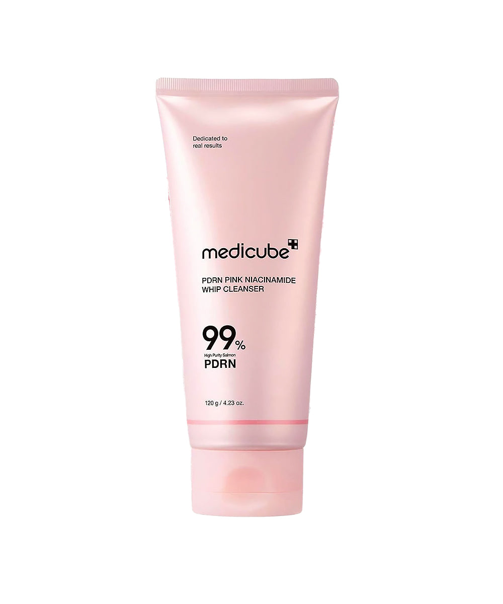 Front view of the Medicube PDRN Pink Niacinamide Whip Cleanser in its pink 120g tube, clearly displaying the brand name and product details against a plain white background.