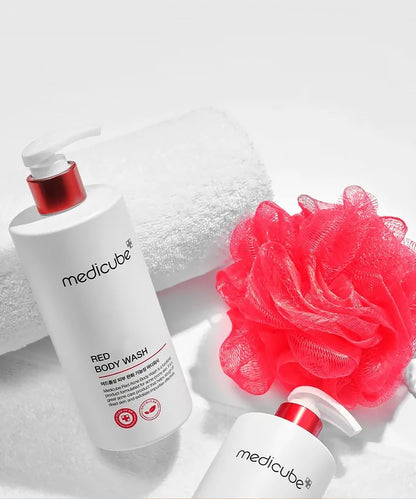 Medicube Red Body Wash bottle with a red loofah on a white background
