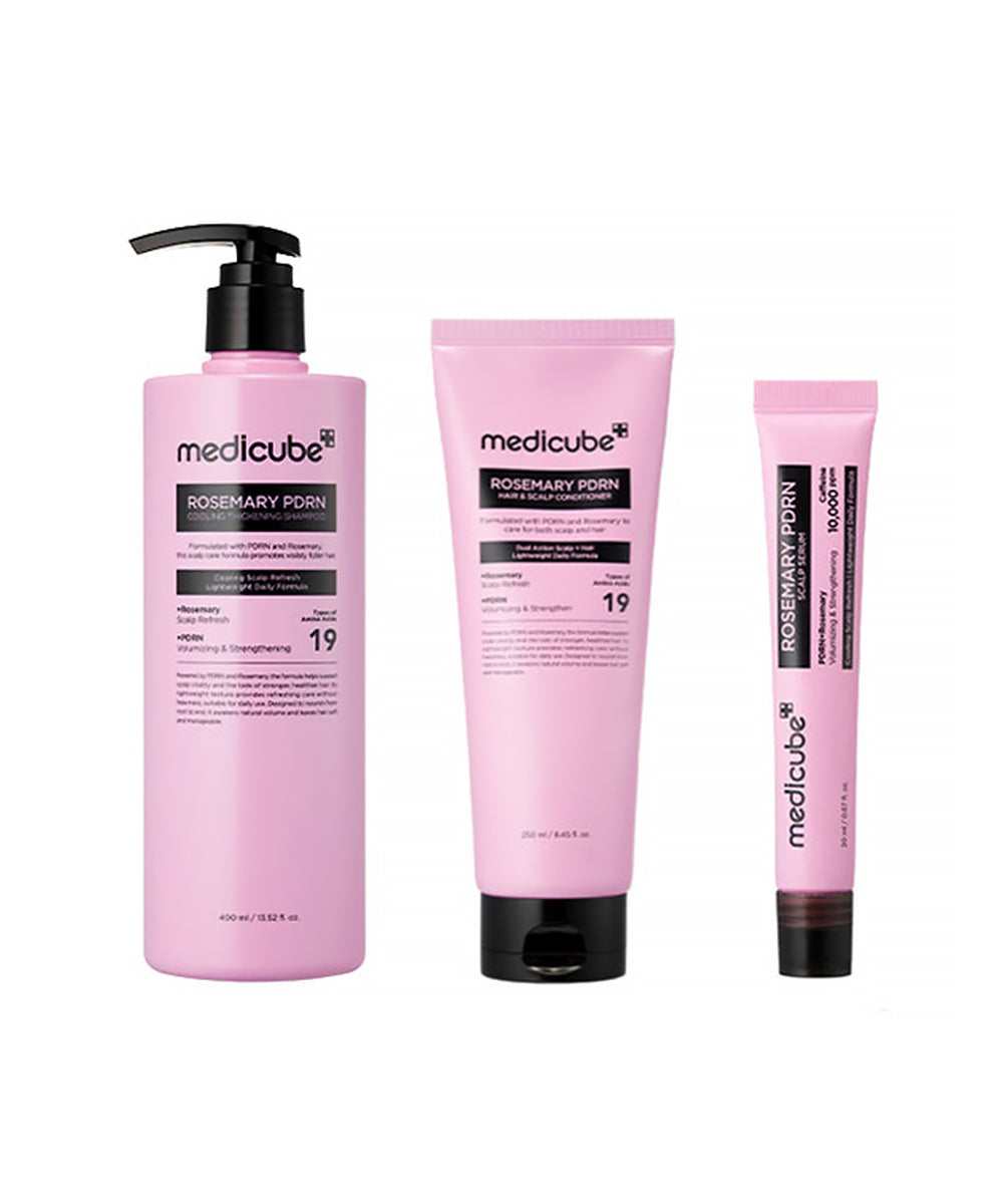 Three pink hair care products from Medicube on a white background