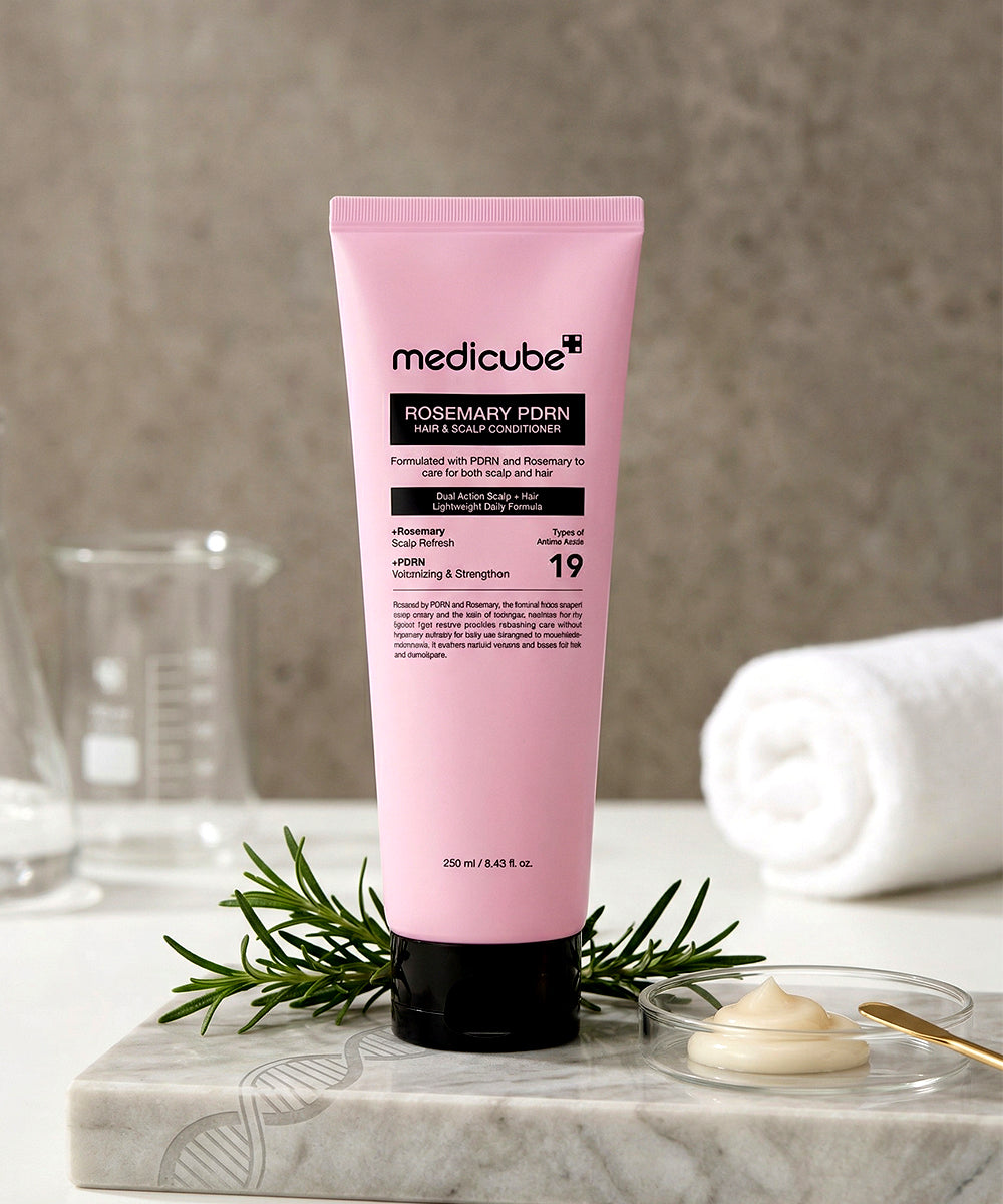 Pink tube of Medicube hair product on a marble surface with rosemary leaves and a glass in the background.