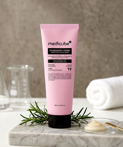 Pink tube of Medicube hair product on a marble surface with rosemary leaves and a glass in the background.