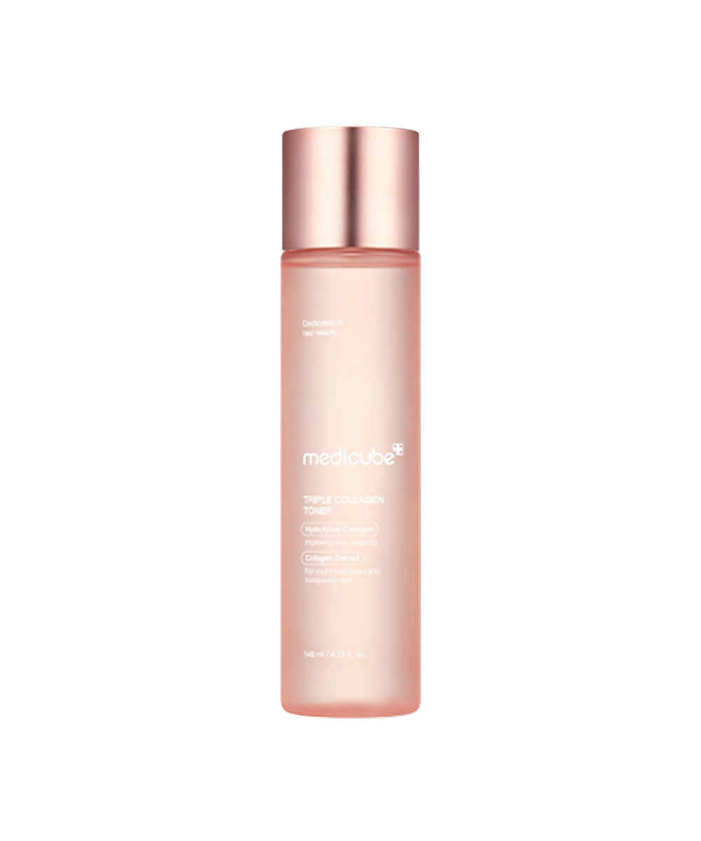 A studio shot of a tall, frosted pink bottle of Medicube Triple Collagen Toner with a metallic rose gold cap, isolated against a white background